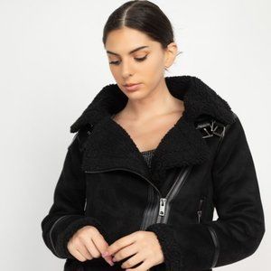 Shearling biker coat/ faux shearling trim